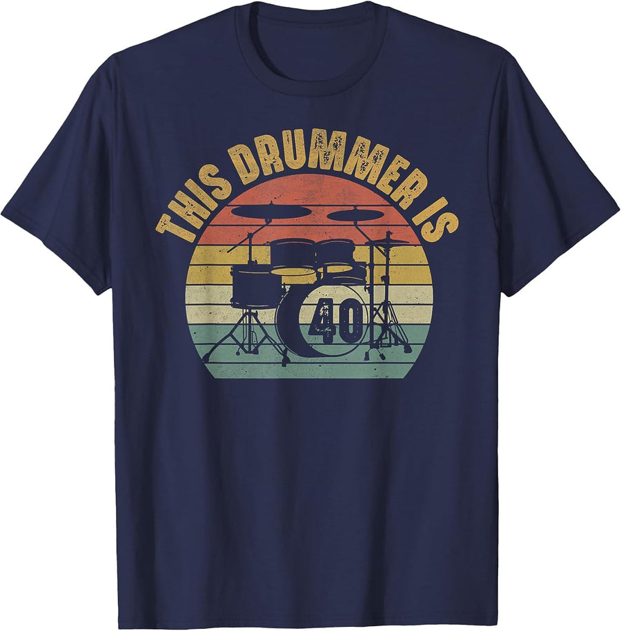 40 Year Old Drummer 40th Birthday Drum Set Drumming Drums T-Shirt - Navy Blue