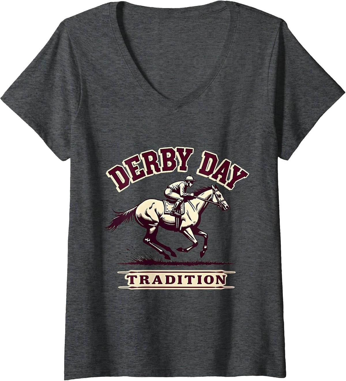 Women's Derby Day Tradition Classic Horse Racing Design V-Neck T-Shirt - Dark Heather Grey