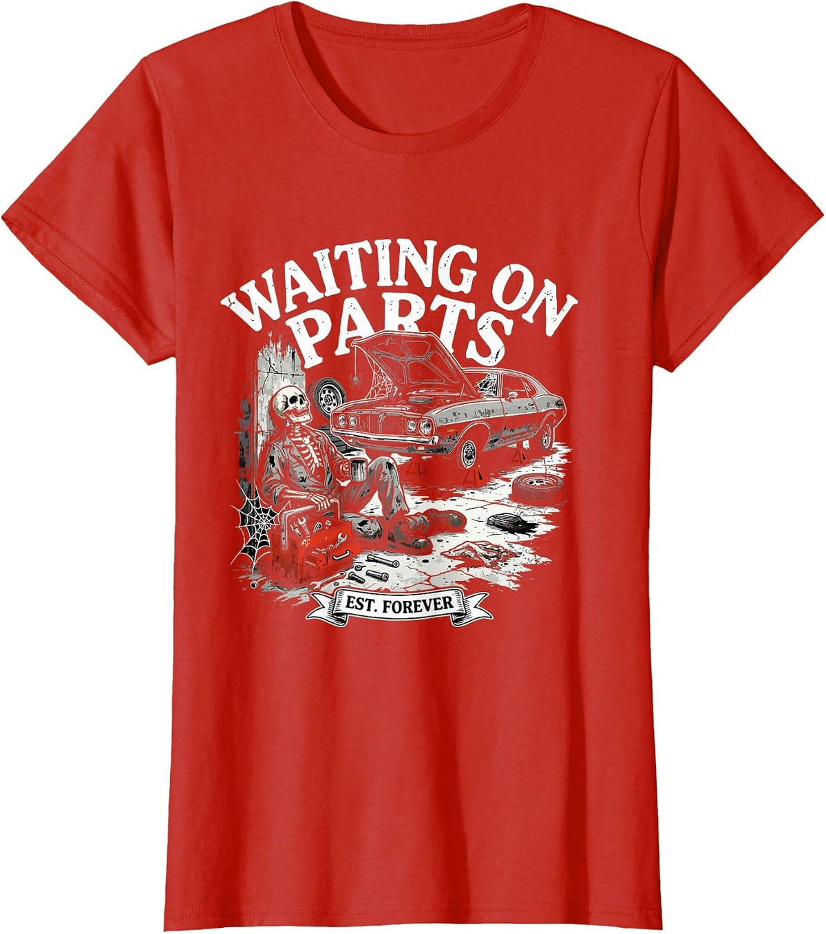 Funny Waiting On Parts Mechanic Skeleton Auto Repair Life T-Shirt - Red