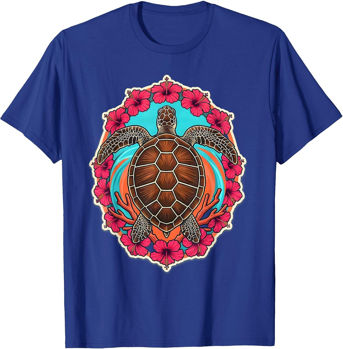 Men's Hawaii Sea Turtle Coral Reef Illustration T-Shirt - Royal Blue