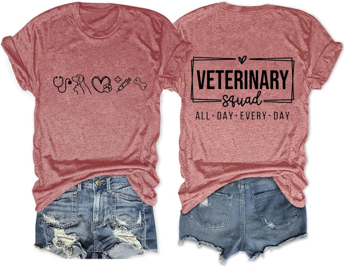 Veterinary Crew Shirts, Veterinarian, Vet Technician, Womens Cute Animal Graphic Front & Back Print Crewneck Tops - Pink