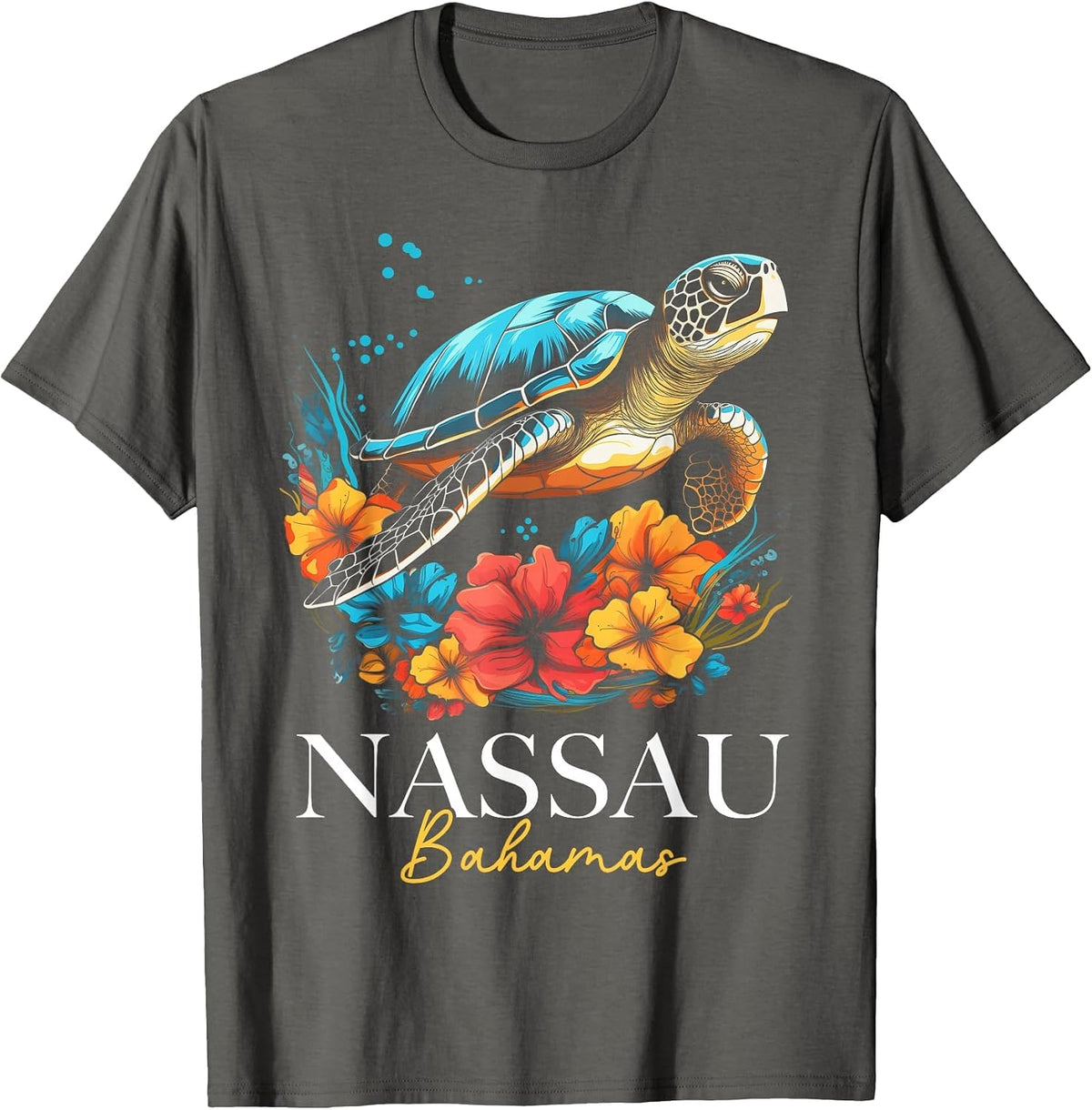 Nassau Bahamas Sea Turtle Diving Surfer Souvenir T-Shirt - Asphalt Grey