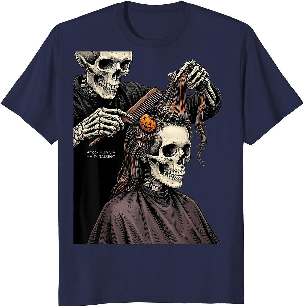 Men's Boo-tician's Hair-Raising Funny Skeleton Hairdresser T-Shirt - Navy Blue
