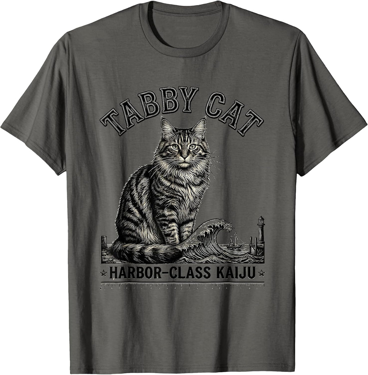 Tabby Cat Harbor-Class Kaiju Funny Japanese Monster Art T-Shirt - Asphalt Grey