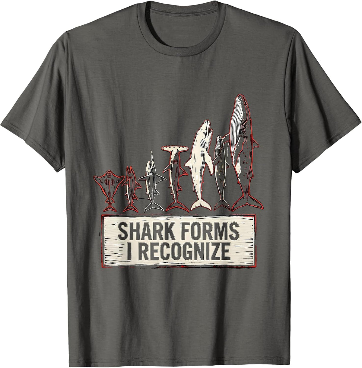 Men's Shark Forms I Recognize Linocut Marine Biology Ocean T-Shirt - Asphalt Grey