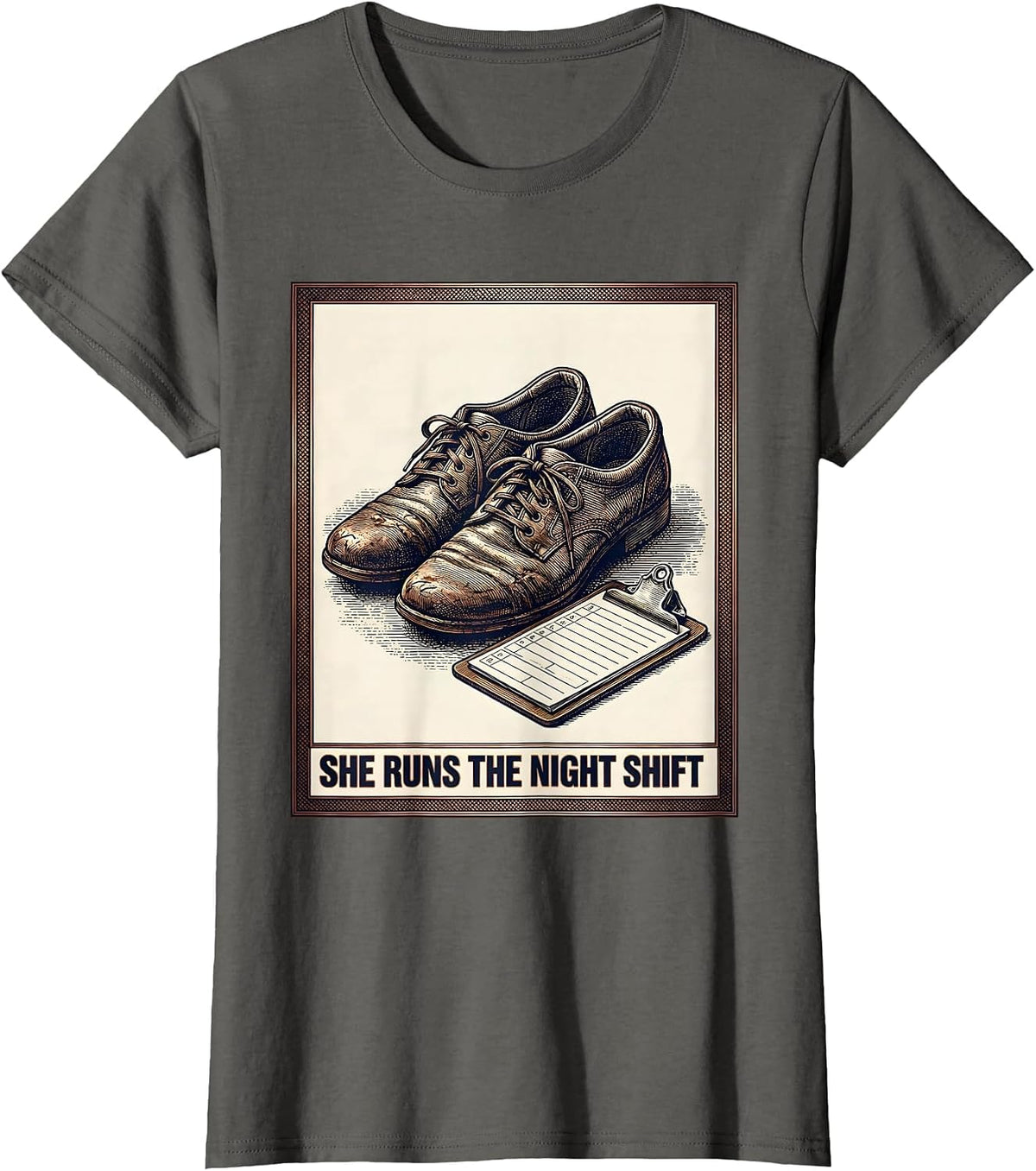 Women's She Runs The Night Shift Crosshatch Etching Nurse Humor T-Shirt - Asphalt Grey