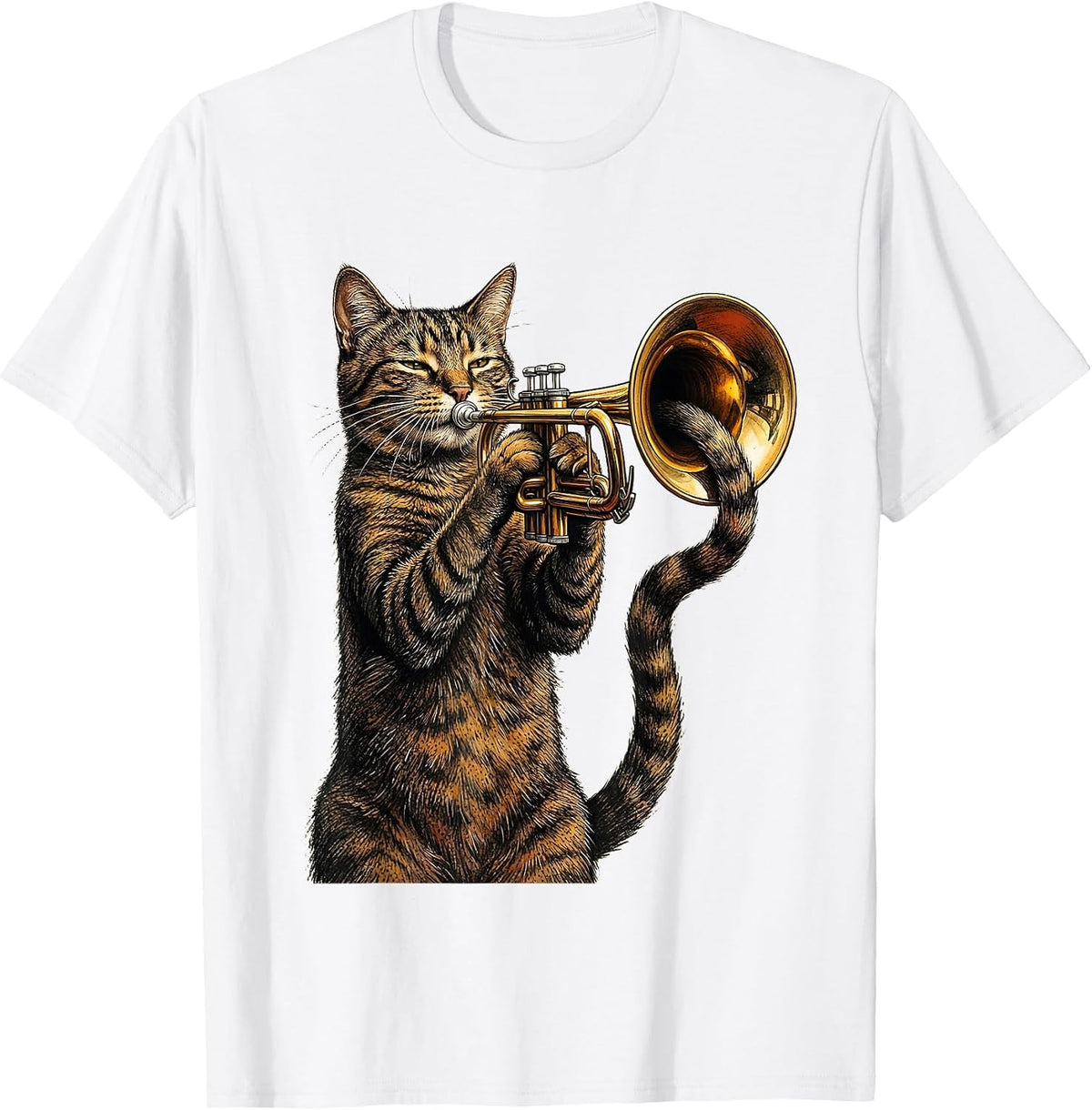 Men's Trumpet Cat Jazz Musician Funny Rock And Roll T-Shirt - White