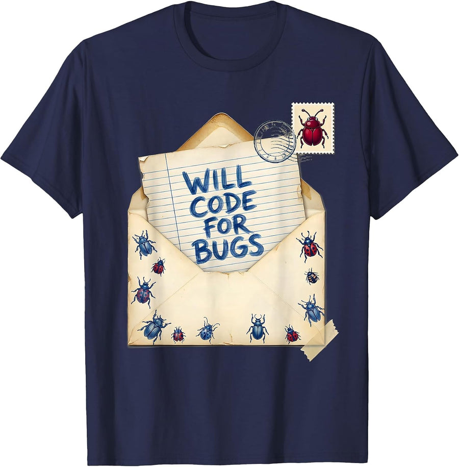 Will Code For Bugs Funny Programmer Design T-Shirt - Navy Blue