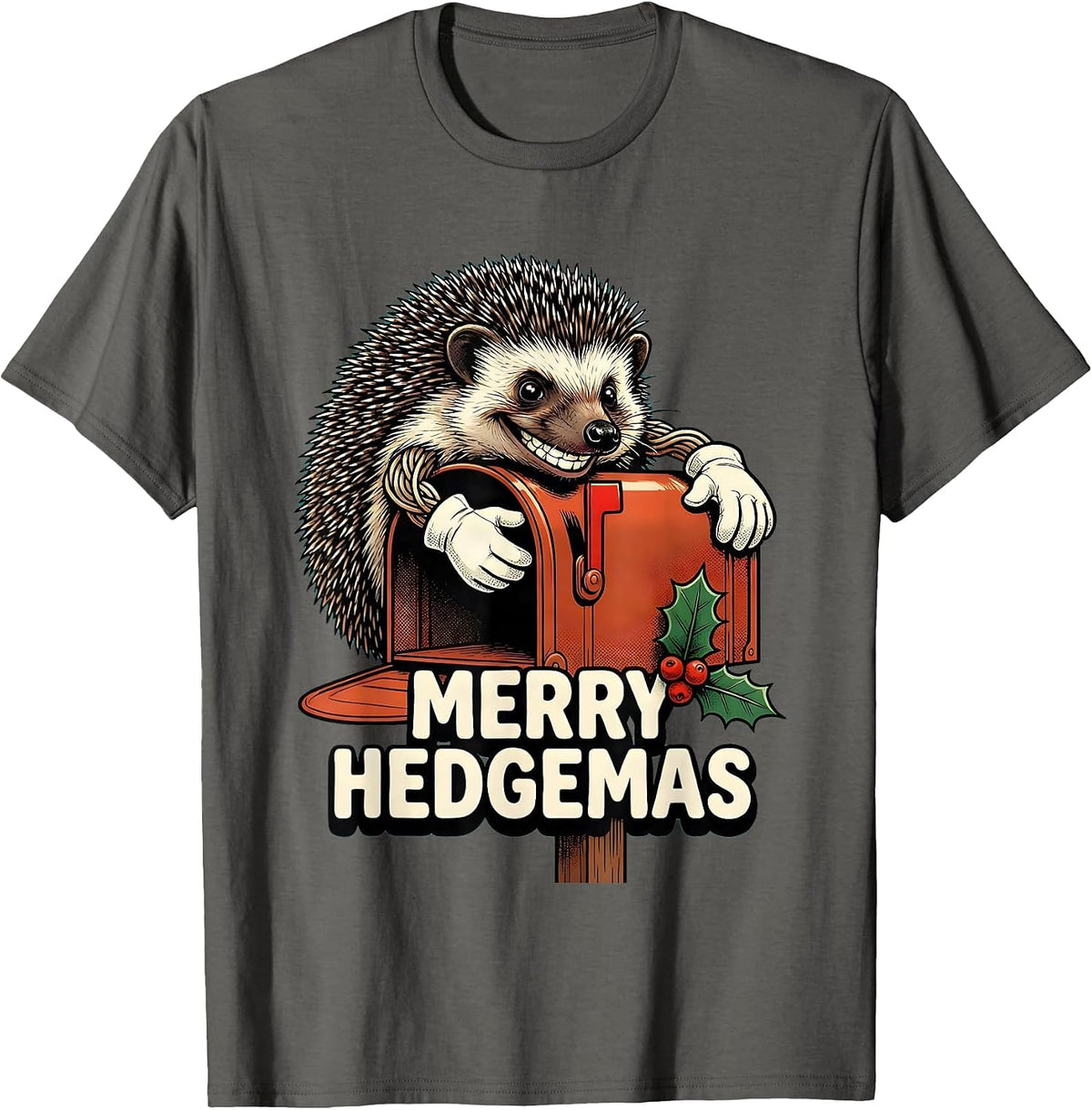 Men's Merry Hedgemas Retro Cartoon Hedgehog Christmas Humor T-Shirt - Asphalt Grey
