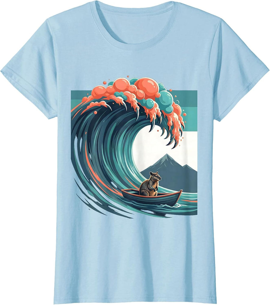 Women's Great Wave Quokka Flat Vector Japanese Art Meme Humor T-Shirt - Baby Blue