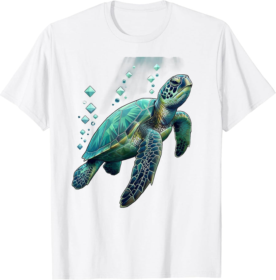 Turtle Swimming Through Bubbles and Light T-Shirt - White