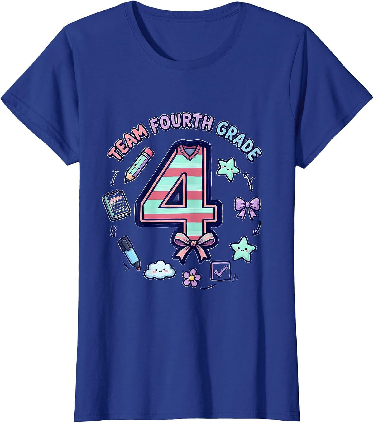 Women's Team Fourth Grade Kawaii Doodle Coquette Bow Back To School T-Shirt - Royal Blue