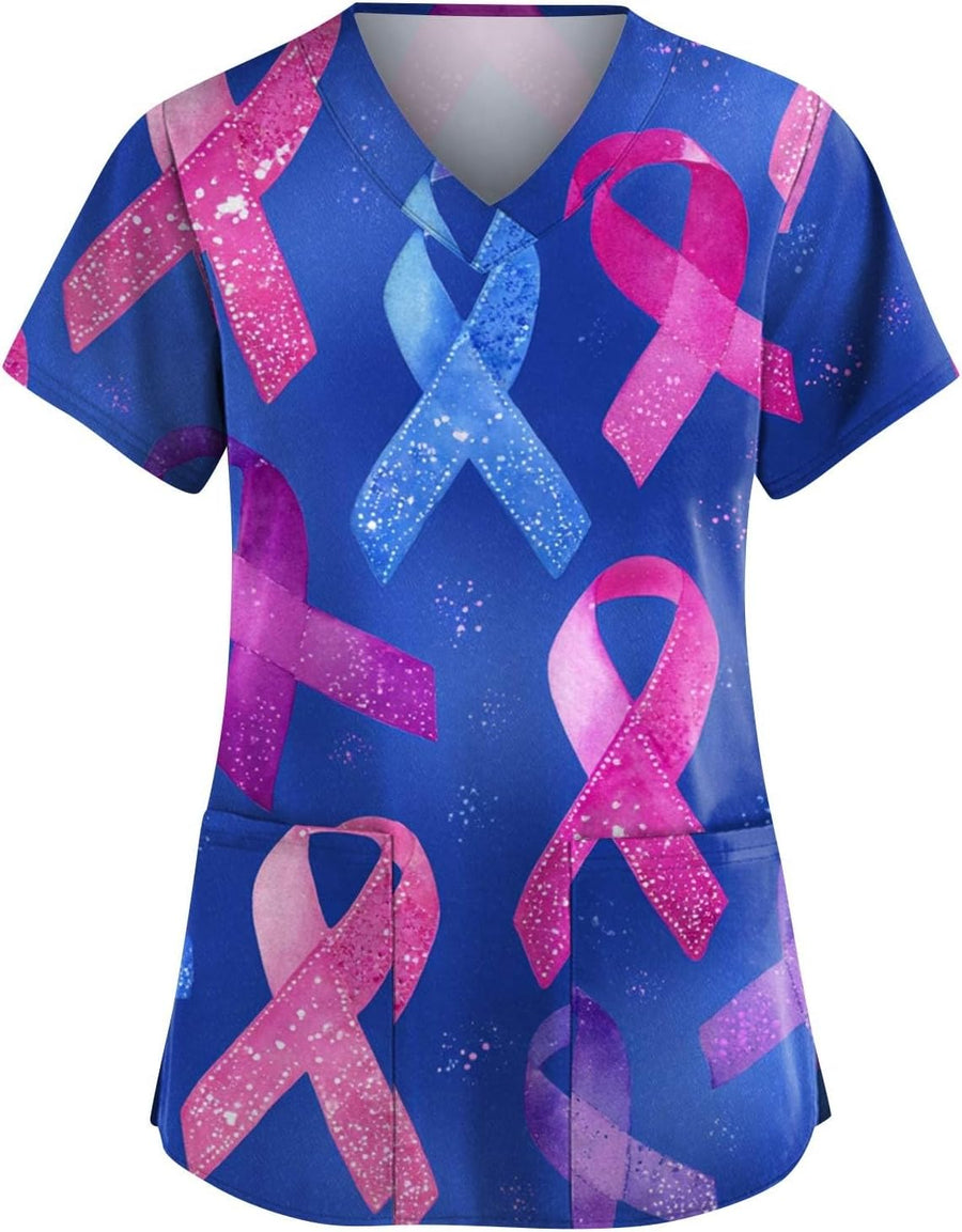 Breast Cancer Scrub Tops Women Plus Size Stretch V Neck Short Sleeve Nursing Scrub Shirts Lightweight Medical Uniform Pink