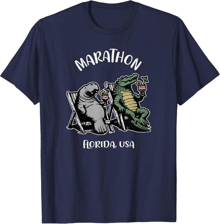 Marathon Florida USA Funny Manatee and Alligator Design T-Shirt - Navy Blue