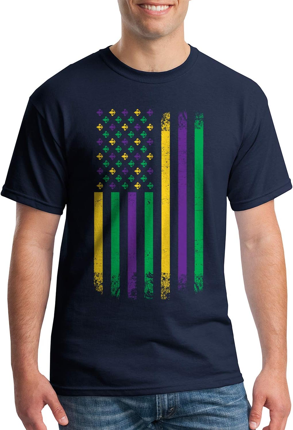 Threadrock Men's Mardi Gras American Flag T-Shirt - Navy