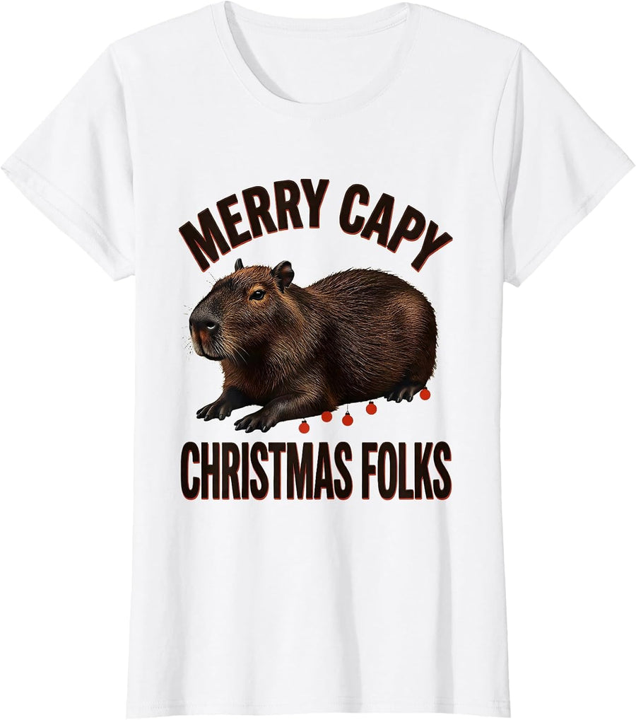 Women's Merry Capy Christmas, Folks Funny Capybara Animal Lover T-Shirt - White