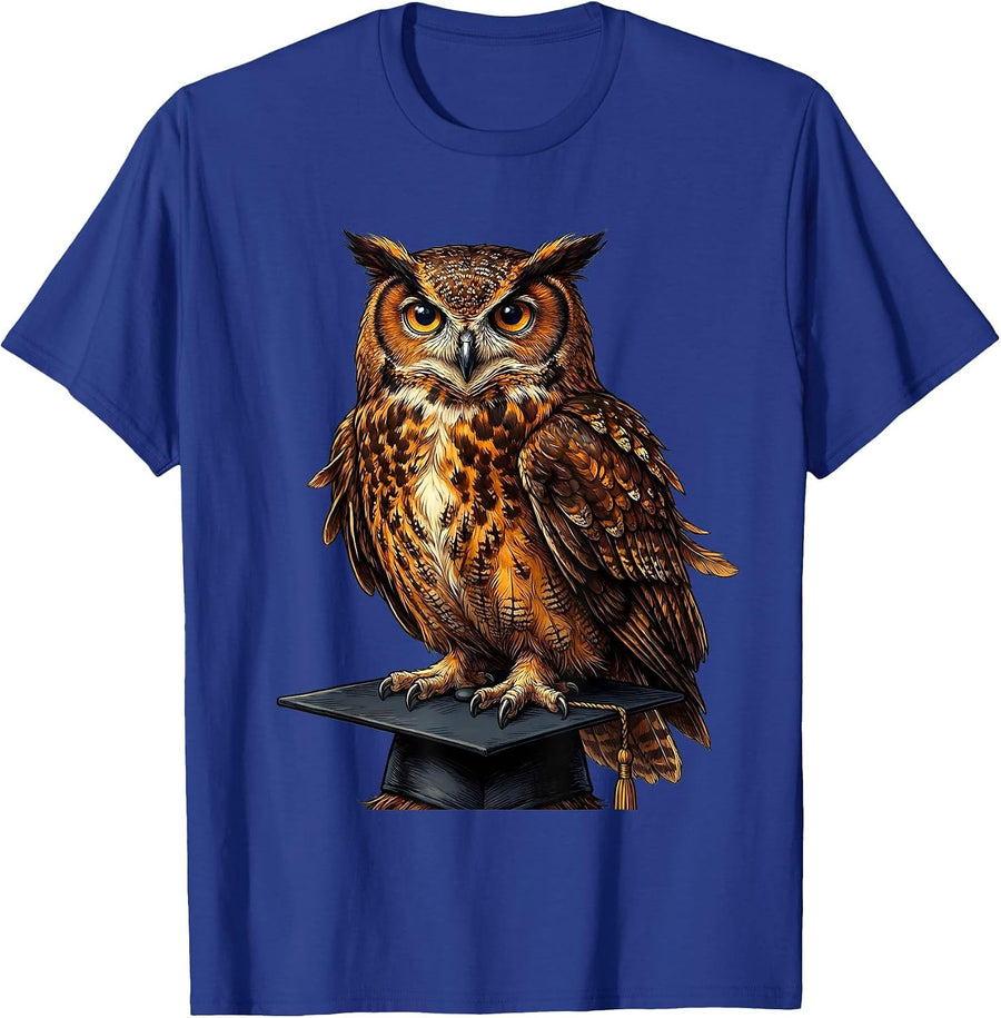Wise Owl Graduation Cap Illustration T-Shirt - Royal Blue