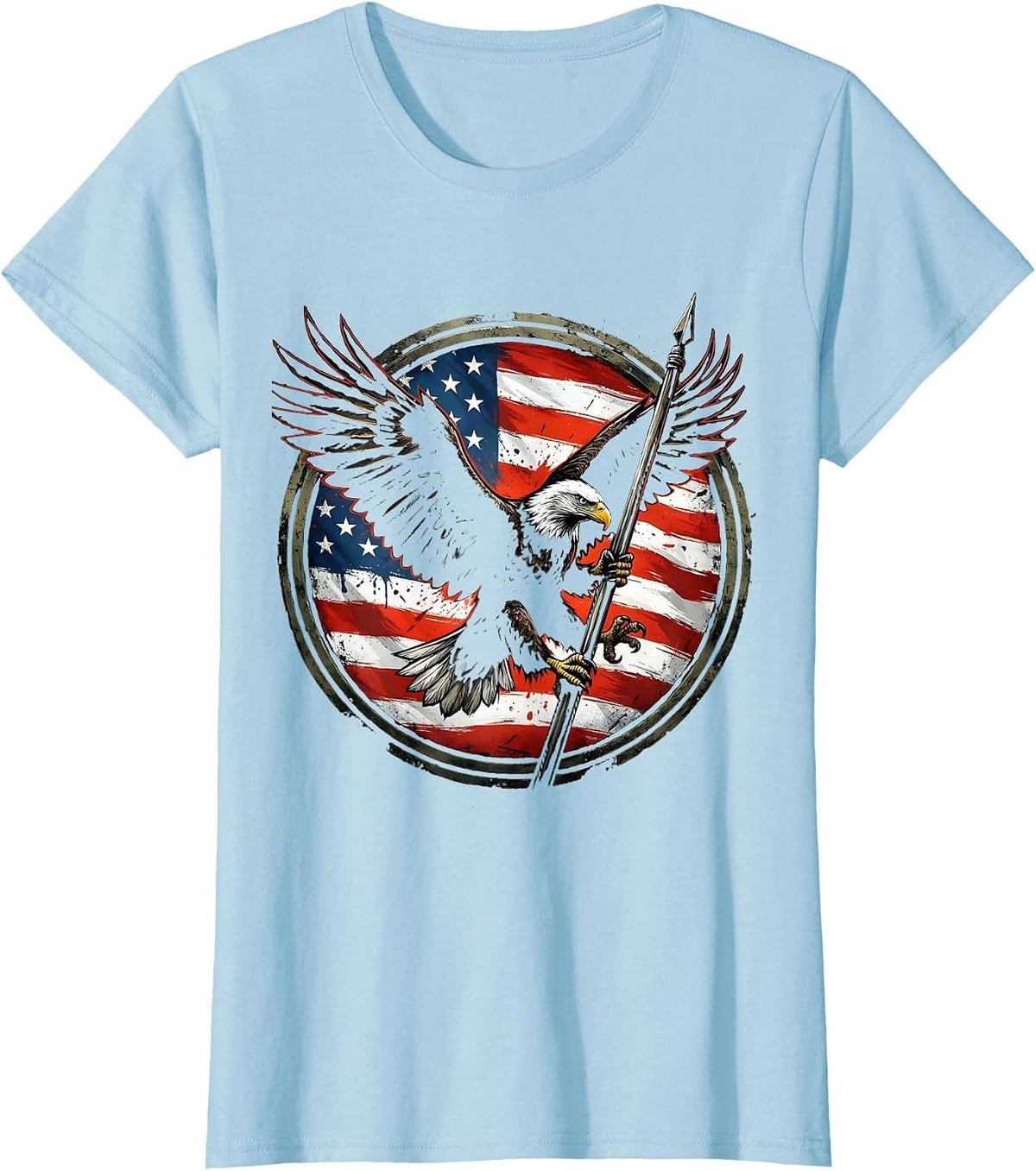 Eagle Gripping Flagpole Patriotic Graphic Design T-Shirt - Baby Blue