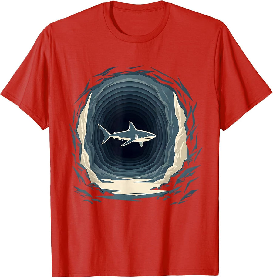 Men's Shark Swimming Through Underwater Cave Tunnel T-Shirt - Red