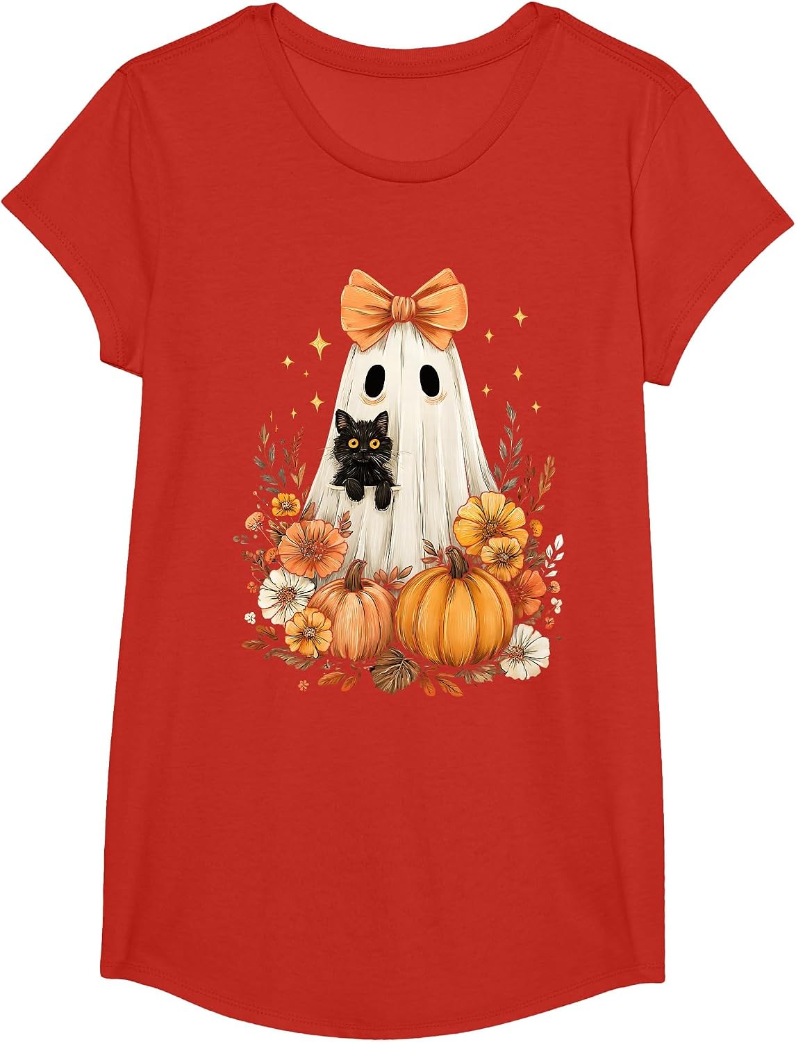 Halloween Vintage Cute Ghost Black Cat Pumpkins Floral T-Shirt - Girls Red