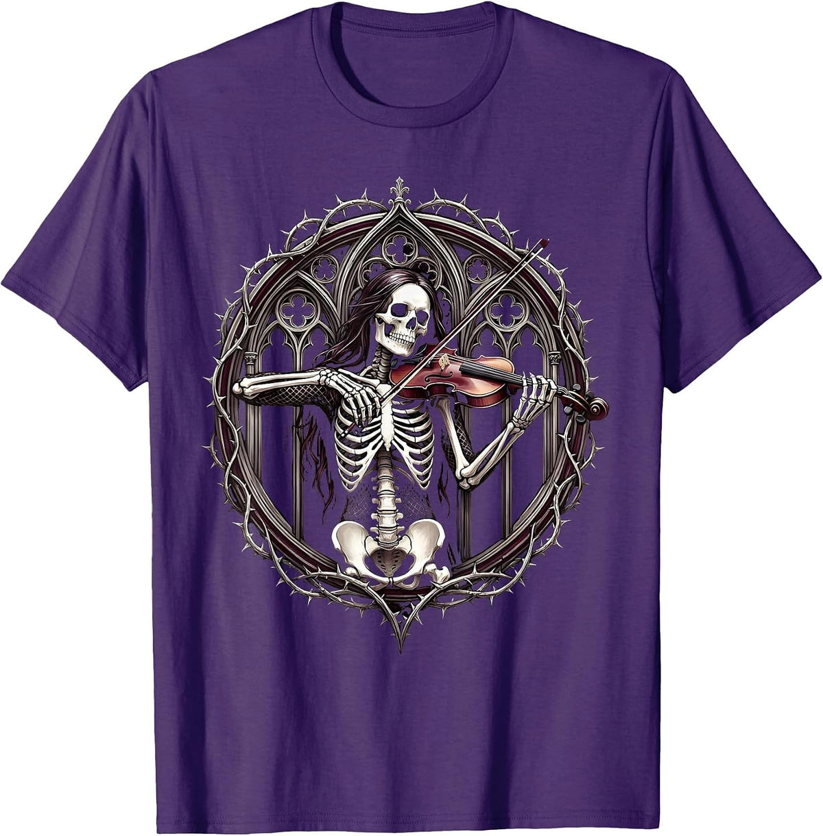 Skeletal Violinist Rock Band Fishnet Graphic T-Shirt - Purple