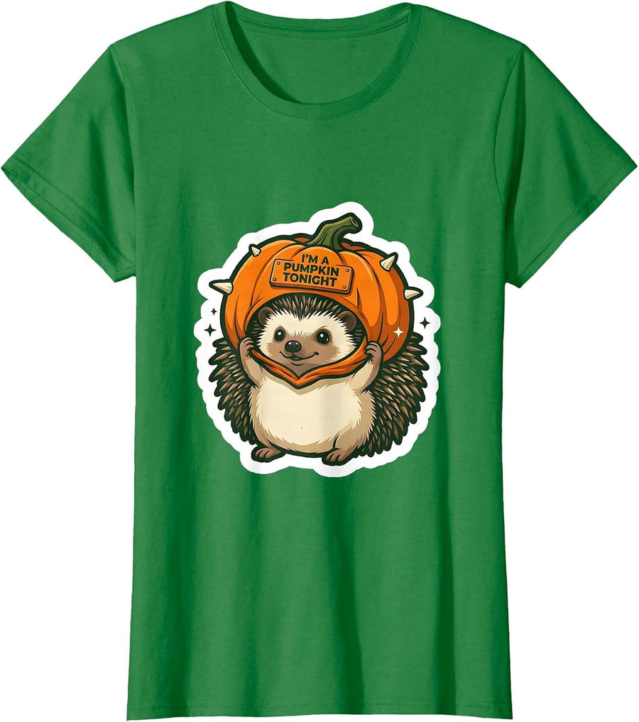 Women's I'm A Pumpkin Tonight Cute Hedgehog Halloween Costume T-Shirt - Kelly Green