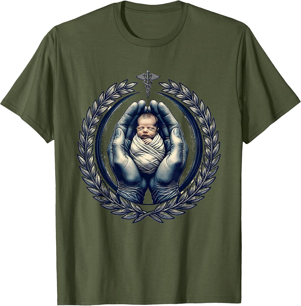 Men's Gloved Hands Cradling Newborn Nursing Graphic T-Shirt - Olive Green