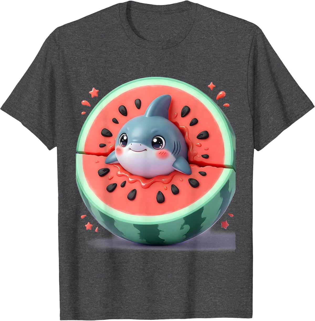 Men's Watermelon Shark Fin Graphic Tee T-Shirt - Dark Heather Grey