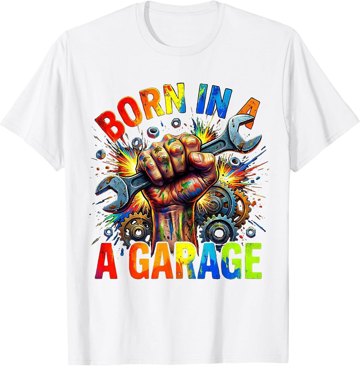 Men's Born in a Garage Mechanic Pride Design T-Shirt - White
