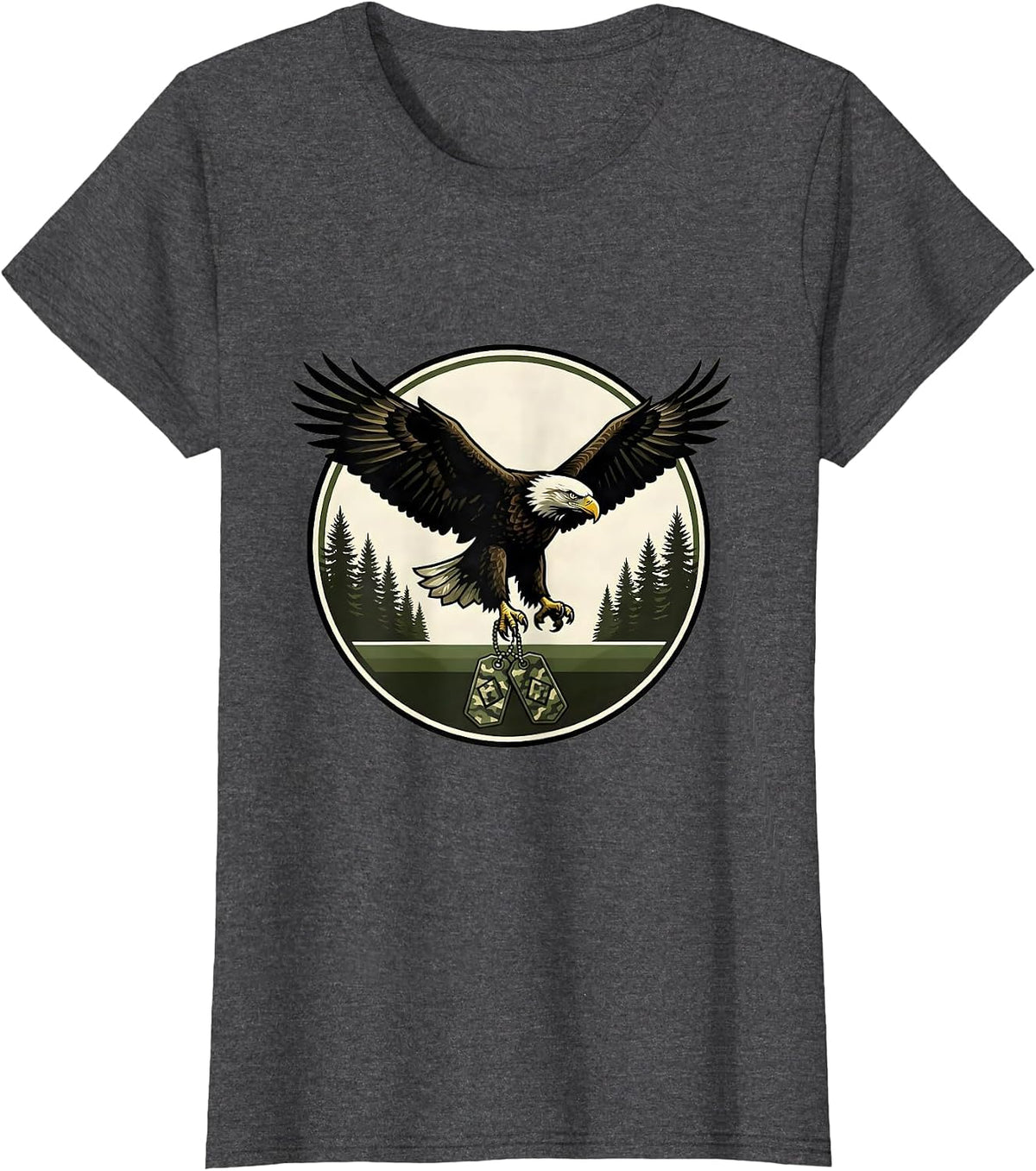 Women's Kids Camo Eagle Dog Tags Patriotic Graphic T-Shirt - Dark Heather Grey