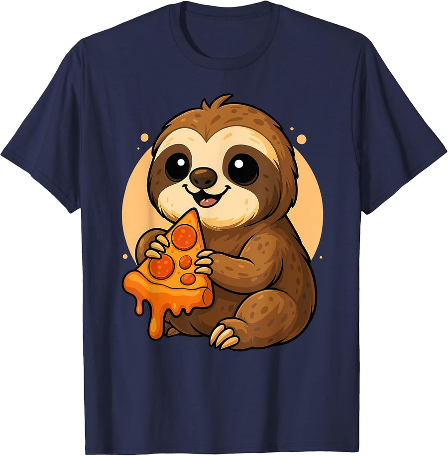 Funny Sloth Food Pizza Graphic Boys Girls Sloth Lovers T-Shirt - Navy Blue