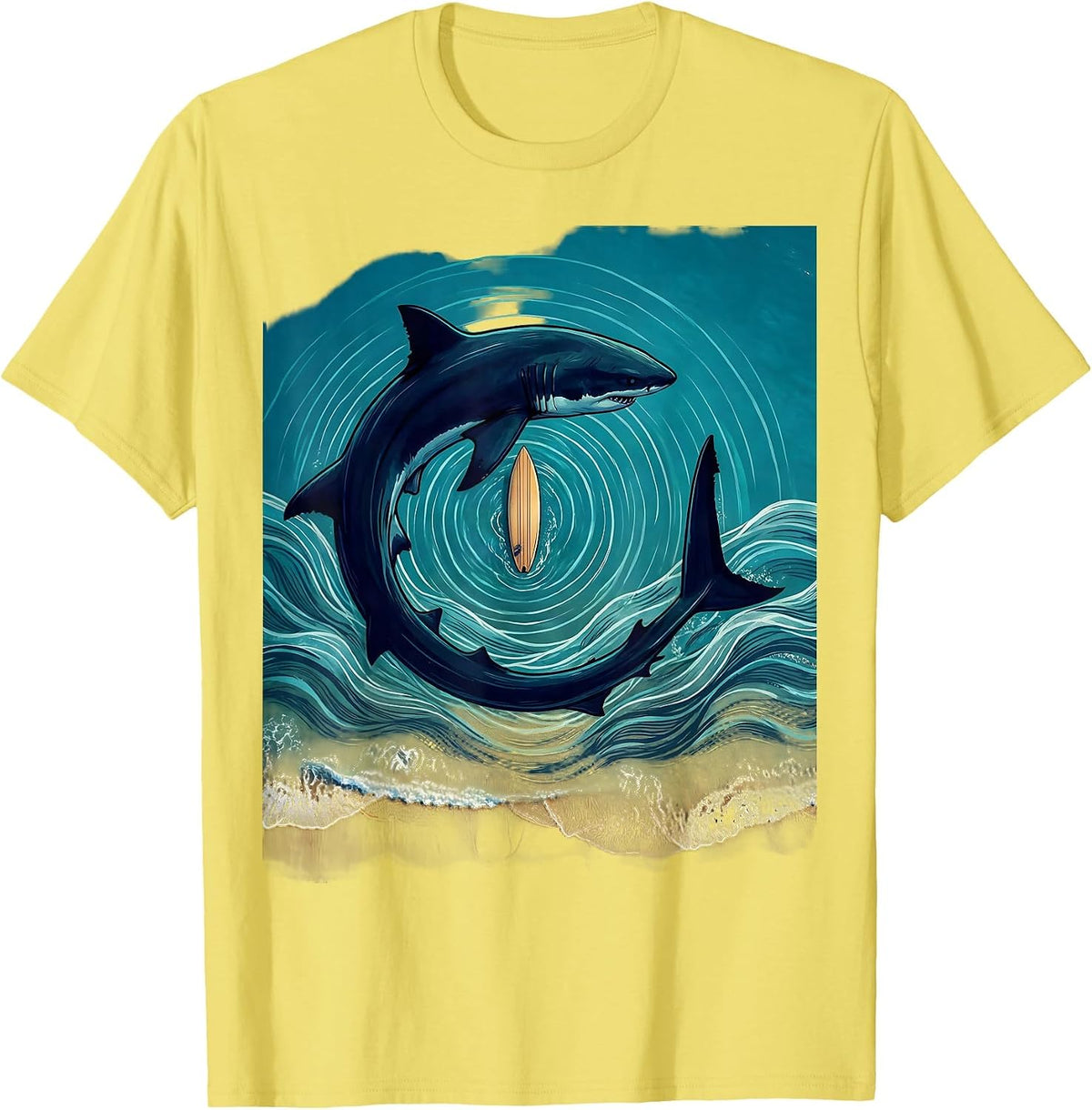 Men's Hawaiian Shark Circling Surfboard Graphic Tee T-Shirt - Lemon Yellow