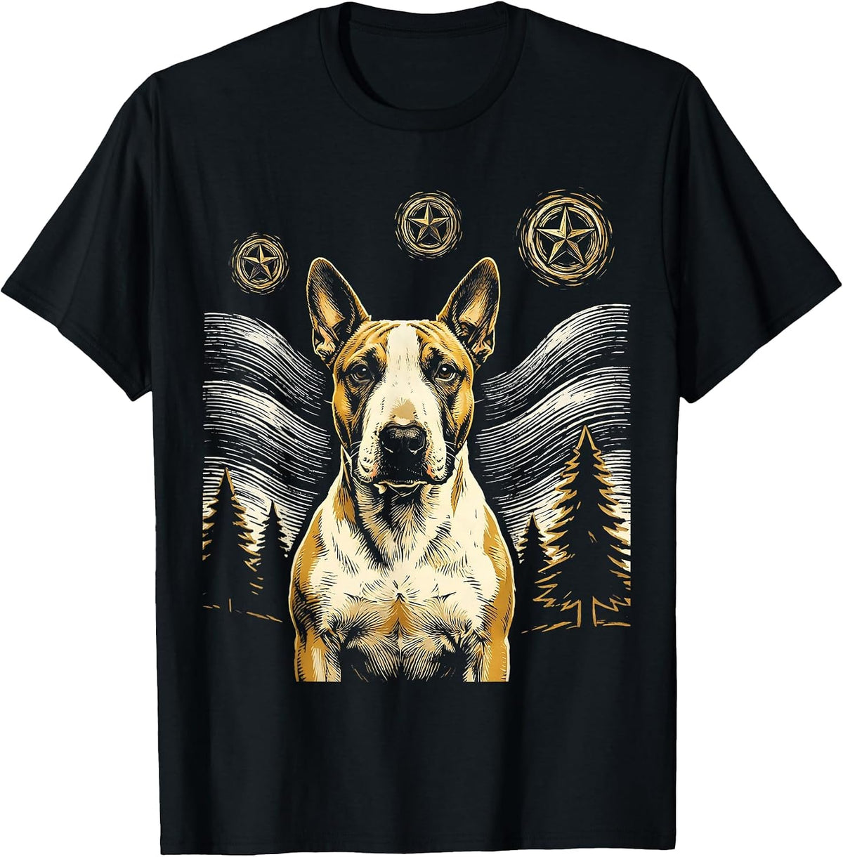 Men's Bull Terrier Dog Van Gogh Style Starry Night Graphic T-Shirt - Black