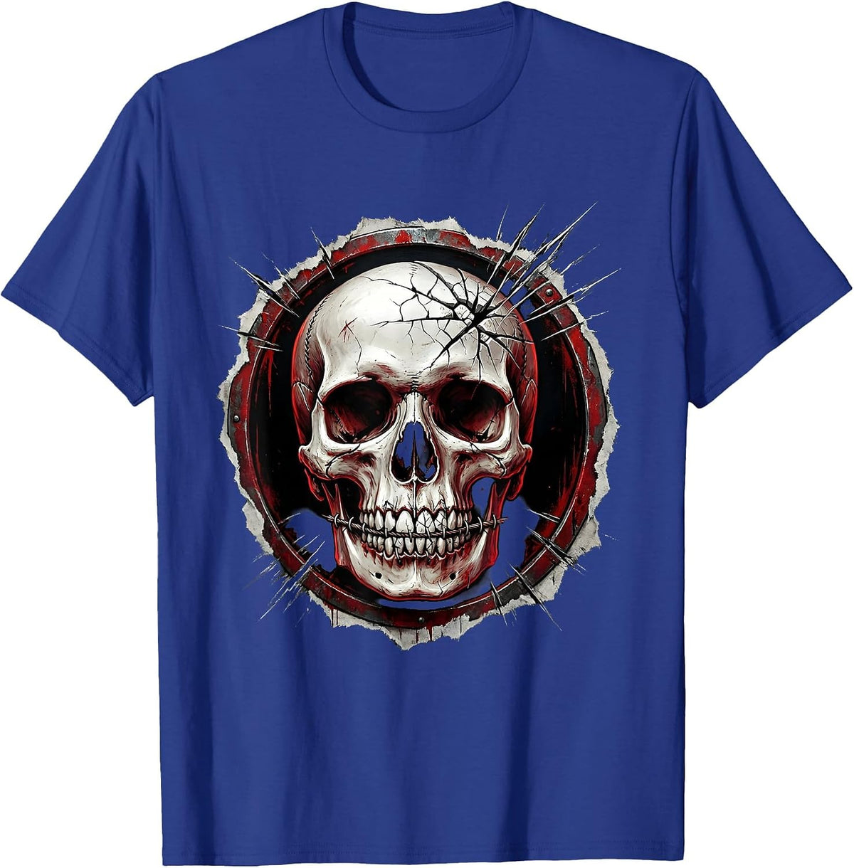 Skull Stitched Grin Cracked Teeth Dark Art Design T-Shirt - Royal Blue