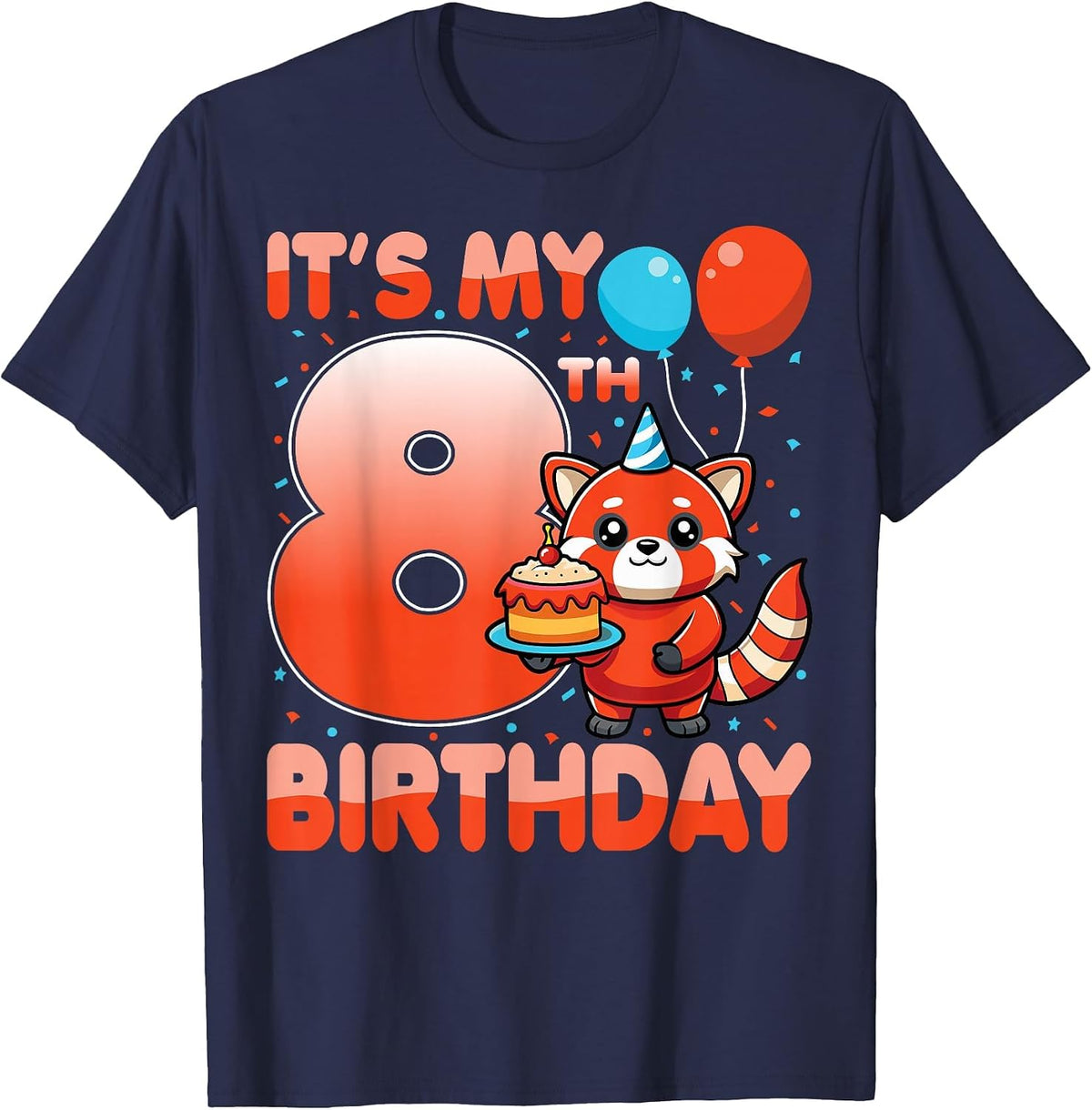 It's My 8th Birthday Cute Red Panda Kids 8 Years Old T-Shirt - Navy Blue