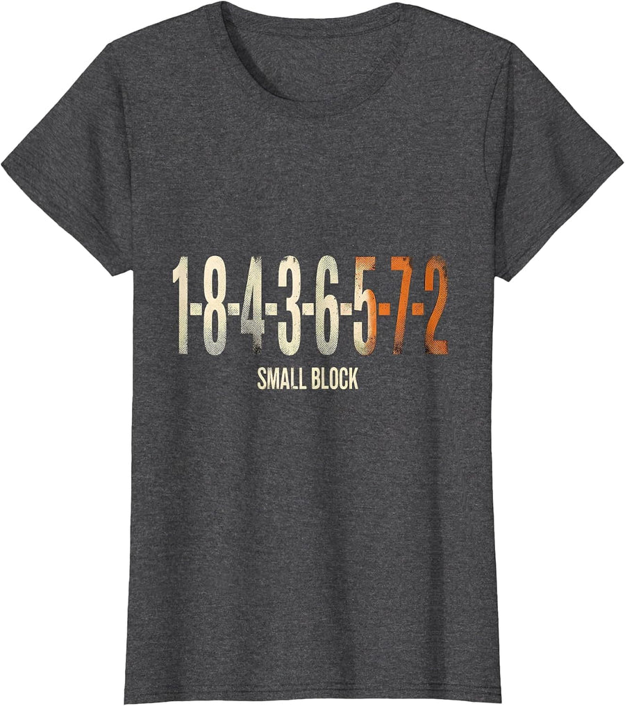 Women's 1-8-4-3-6-5-7-2 Small Block Funny Mechanic Car Engine Humor T-Shirt - Dark Heather Grey