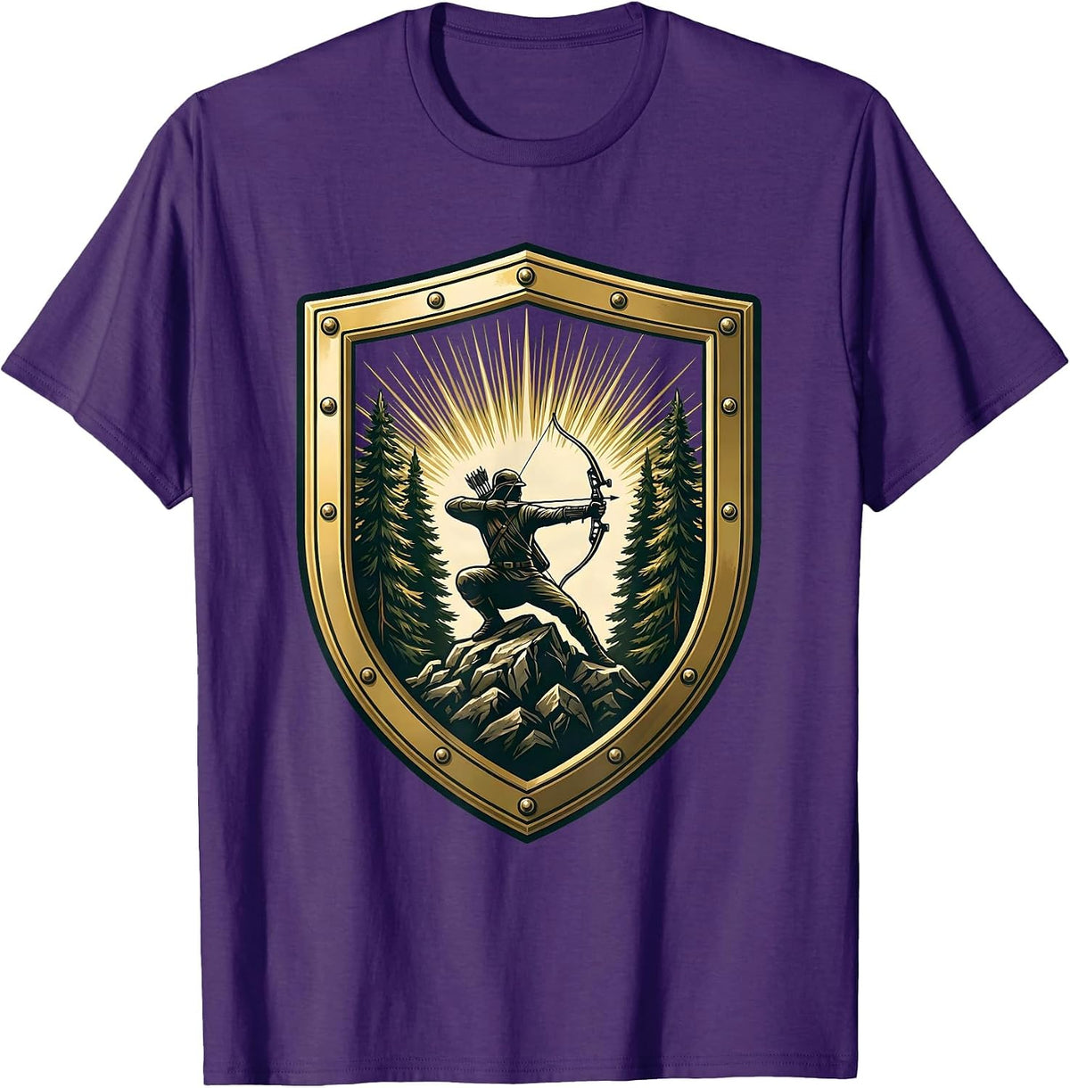 Bowhunter Crouched Behind Rocky Outcropping T-Shirt - Purple