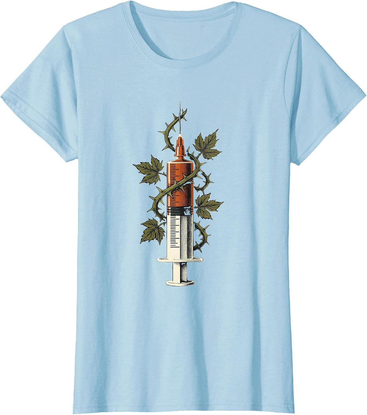 Grunge Hypodermic Needle Thorned Vines Illustration T-Shirt - Baby Blue
