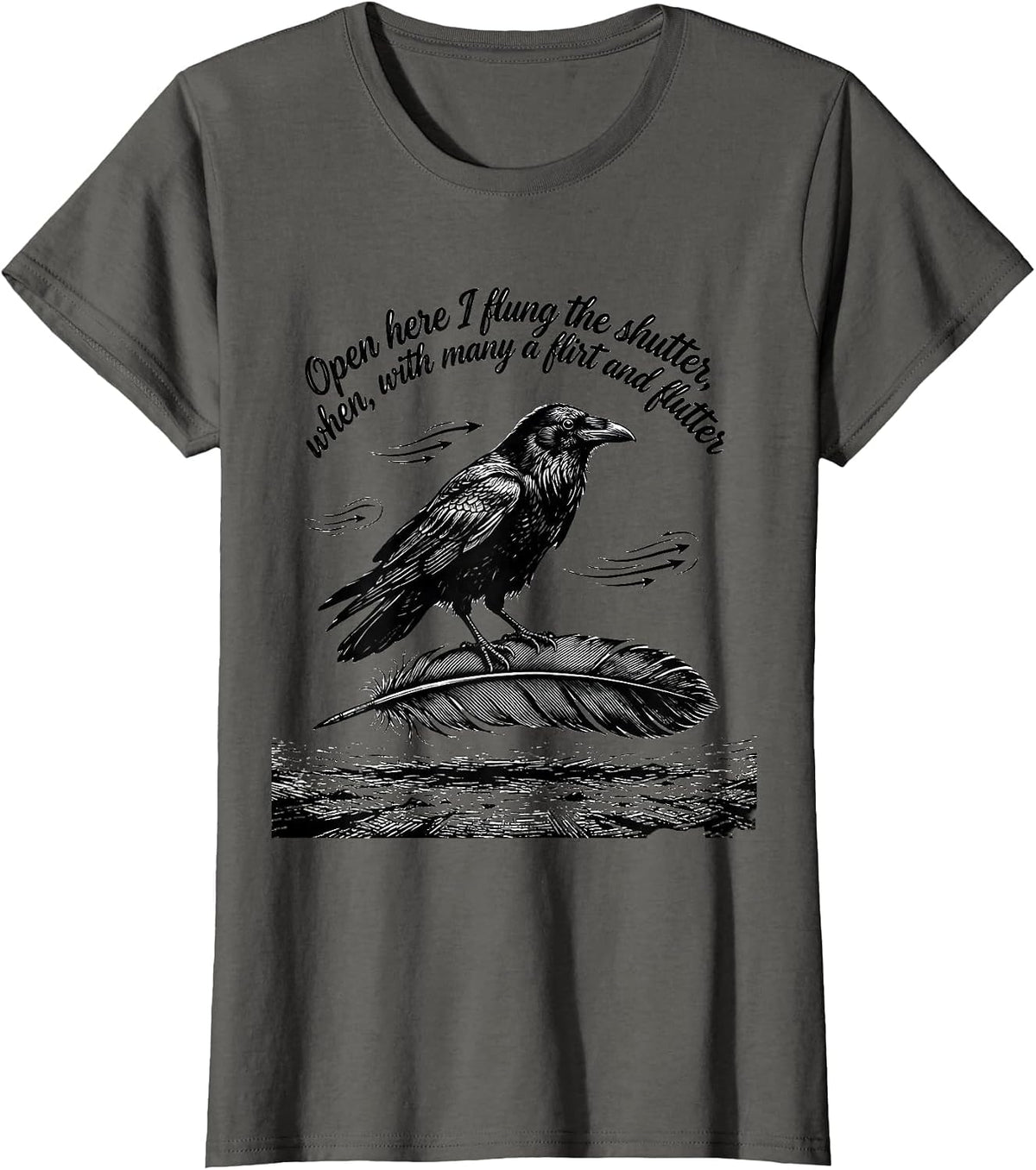 Women's Open Here I Flung the Shutter Gothic Raven Edgar Allan Poe T-Shirt - Asphalt Grey