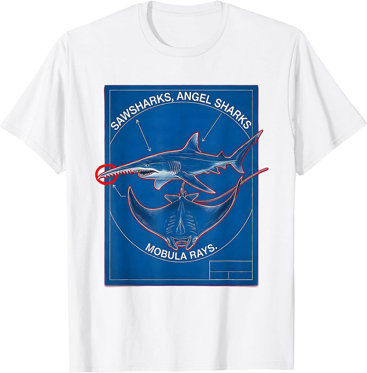 Men's Sawsharks, Angel Sharks, Mobula Rays Technical Blueprint T-Shirt - White