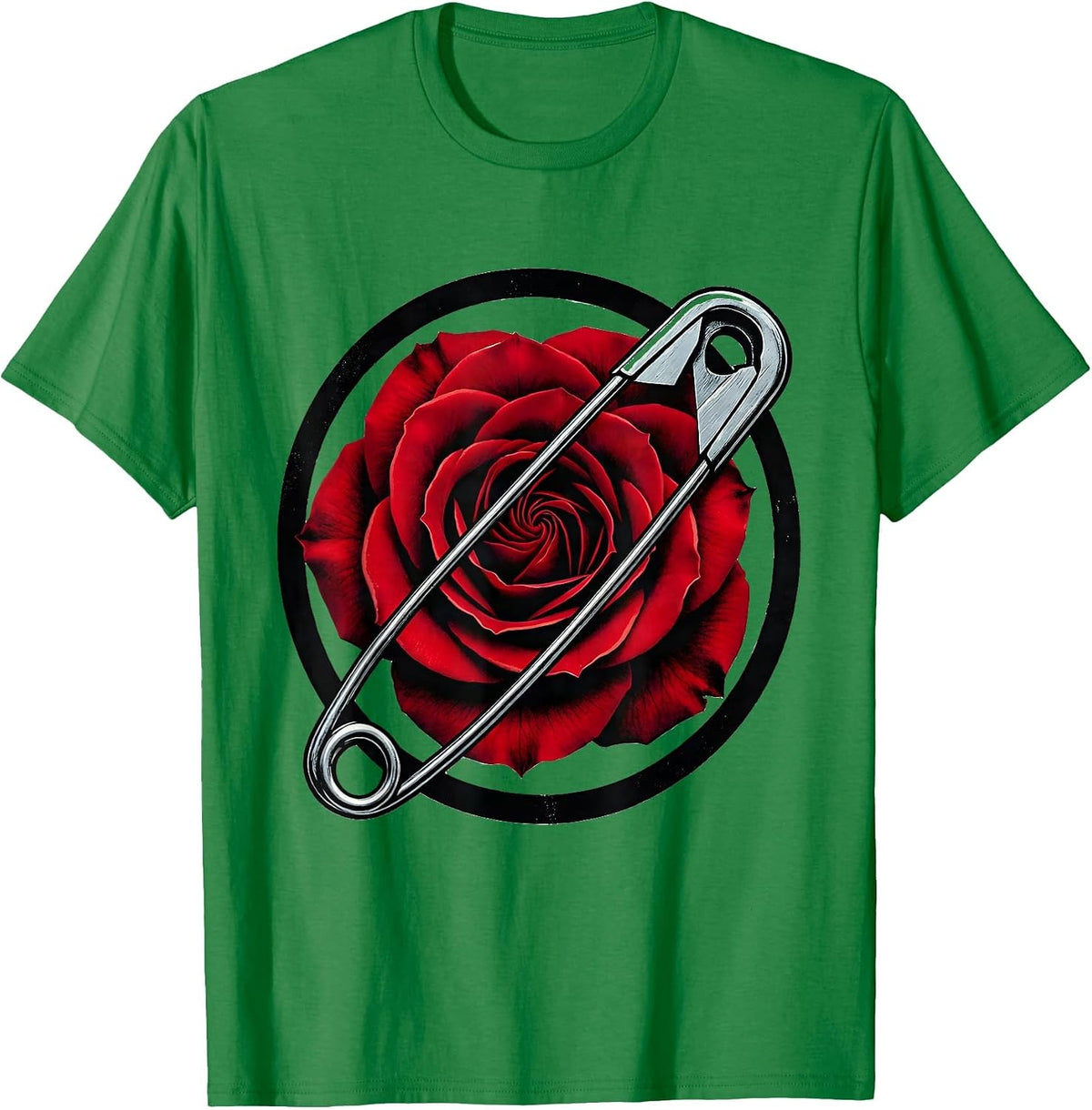 Men's Punk Rock Safety Pin Rose Graphic Tee T-Shirt - Kelly Green