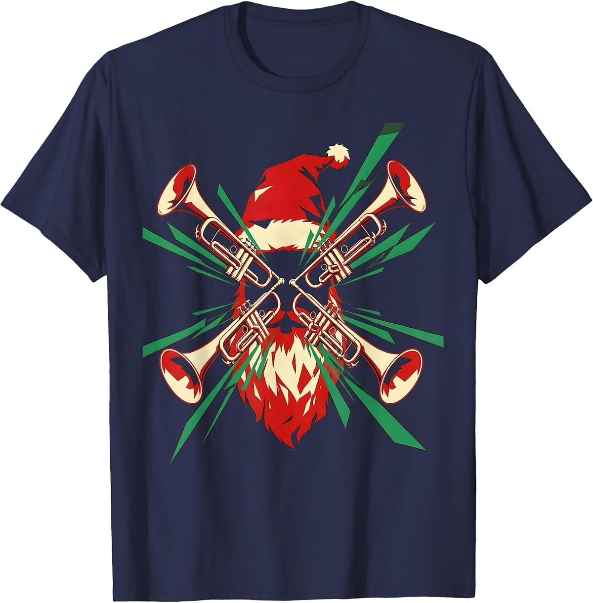 Futurist Trombone Santa Hat Radial Burst Music Humor T-Shirt - Navy Blue