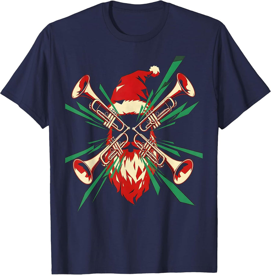Futurist Trombone Santa Hat Radial Burst Music Humor T-Shirt - Navy Blue