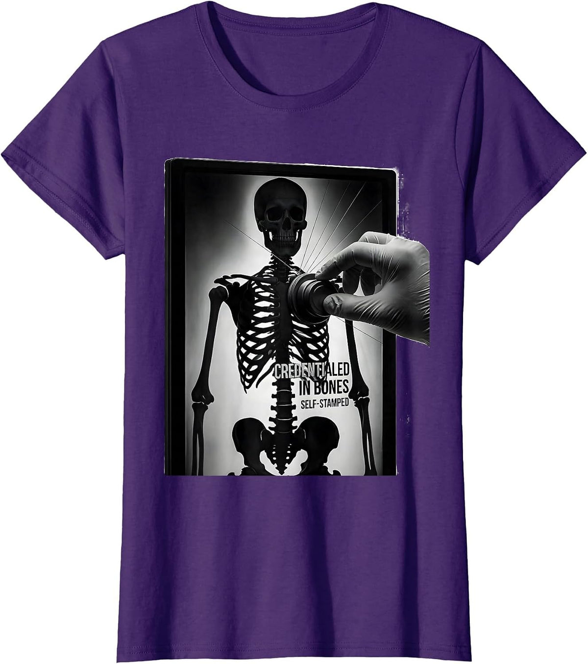 Women's Credentialed In Bones, Self-Stamped Funny Radiology Tech T-Shirt - Purple