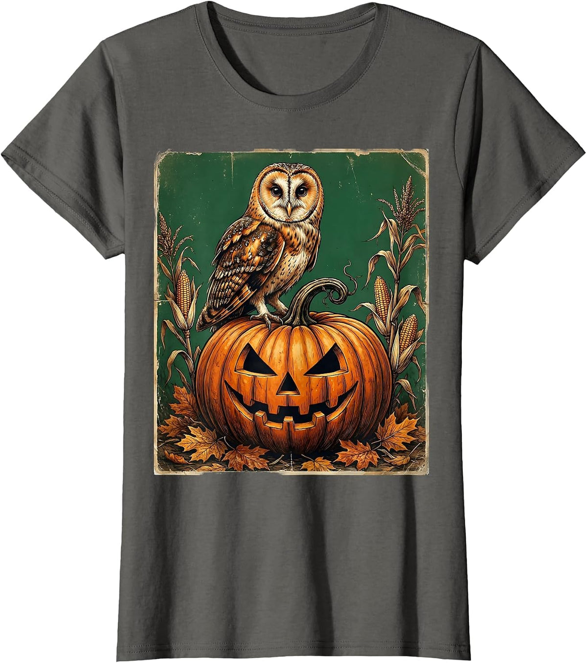 Women's Owl on Glowing Pumpkin Halloween Illustration T-Shirt - Asphalt Grey