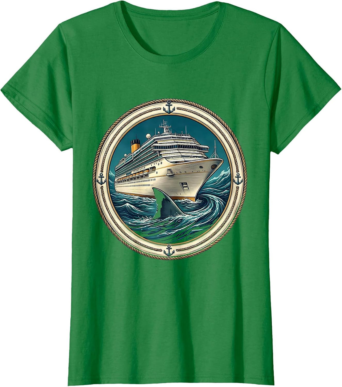 Shark Fin Circling Cruise Ship Graphic T-Shirt - Kelly Green