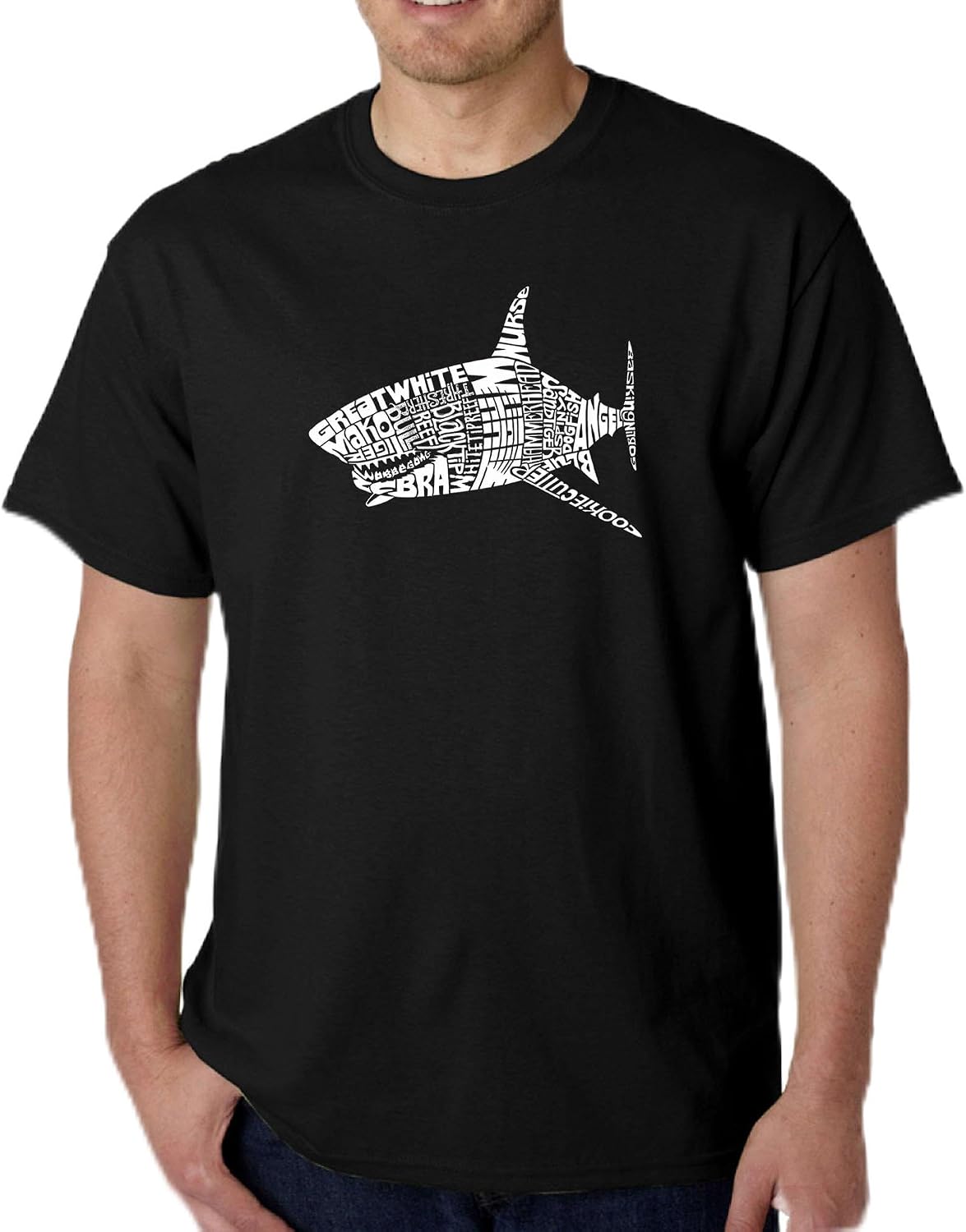 LA POP ART Men's Word Art T-Shirt- Species of Shark - Black