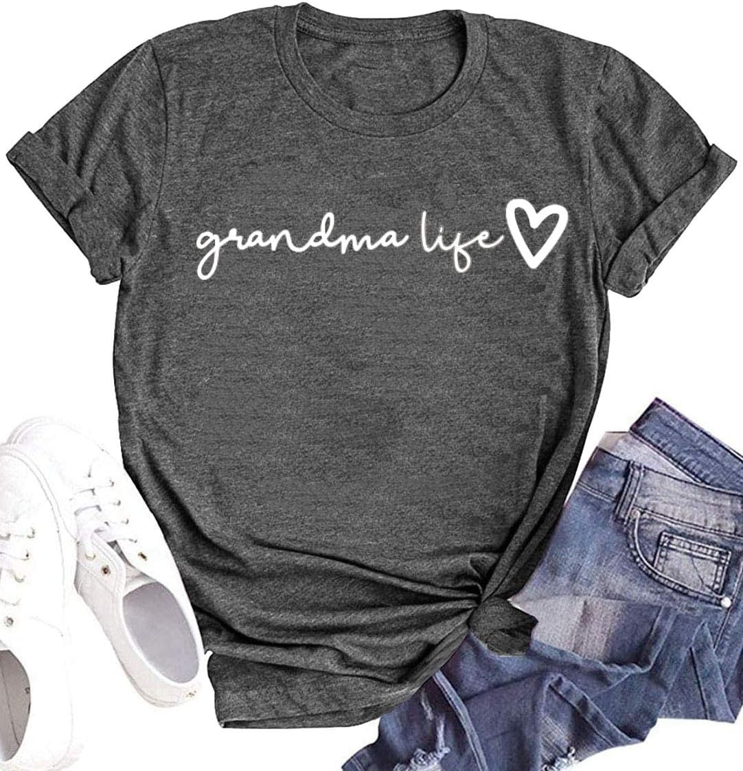 Grandma Shirt Women Casual Grandma Life Heart Printed T-Shirt Funny Tee Shirt for Grandma - Dark Grey