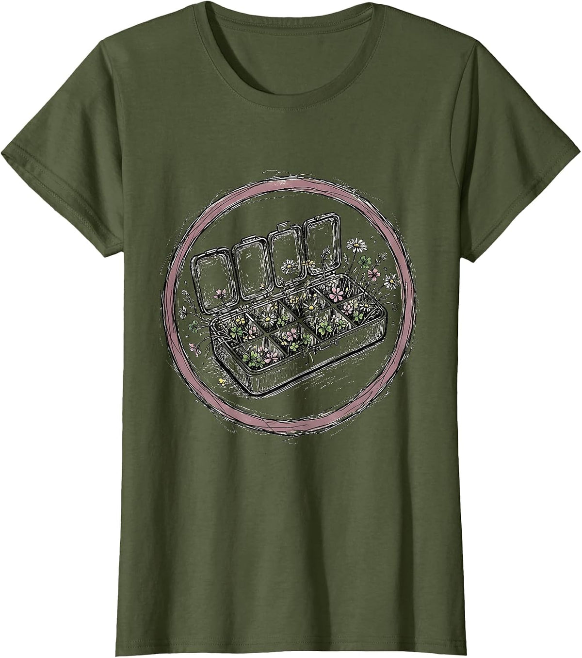 Women's Pill Organizer Overflowing With Flowers Graphic T-Shirt - Olive Green