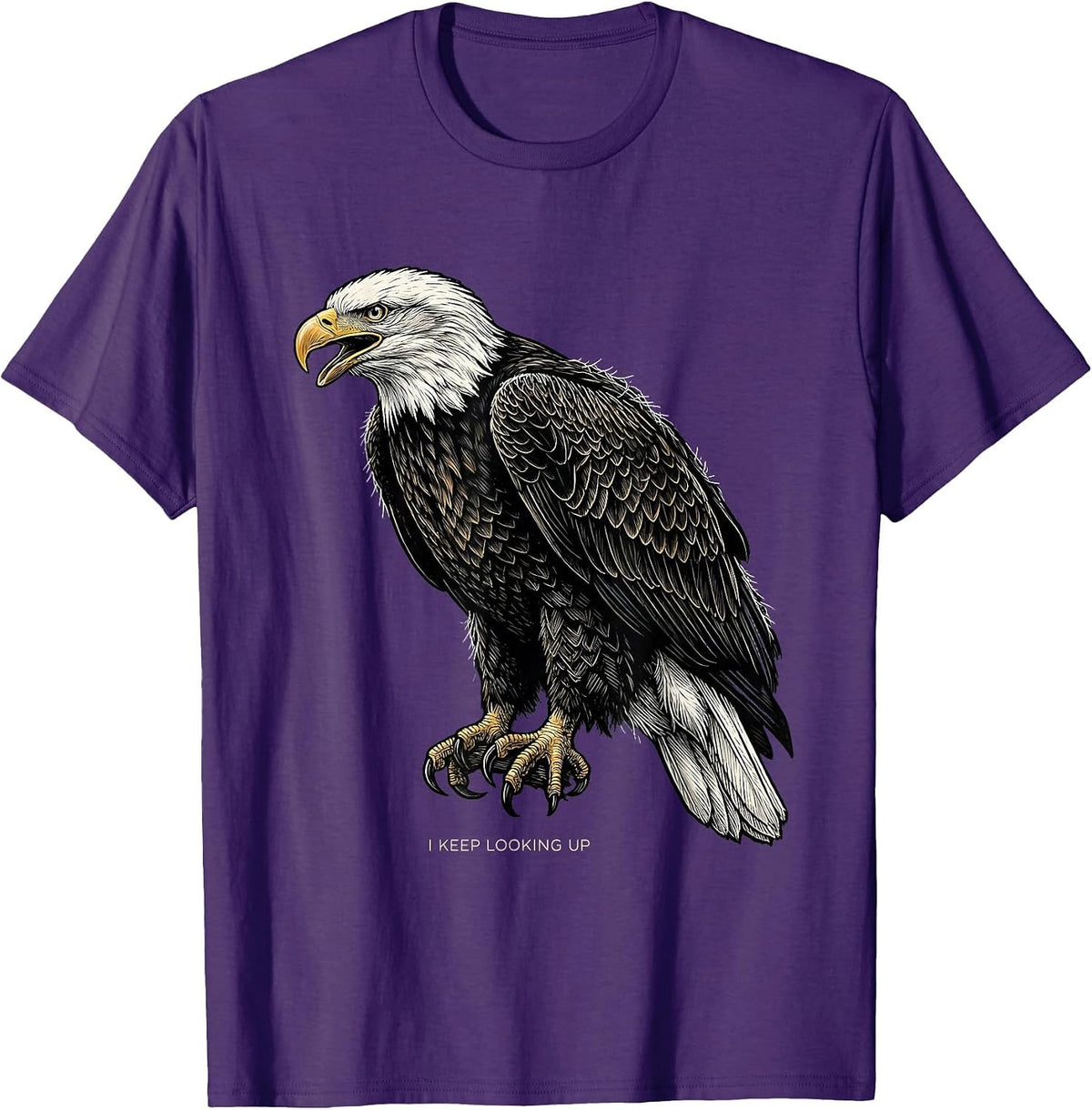 Men's I Keep Looking Up Woodcut Engraving Patriotic Eagle Bird T-Shirt - Purple